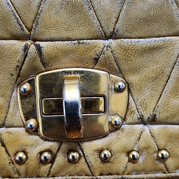 Miu Miu Tan Distressed Studded Wallet W/antique Finish - Picture 6 of 15